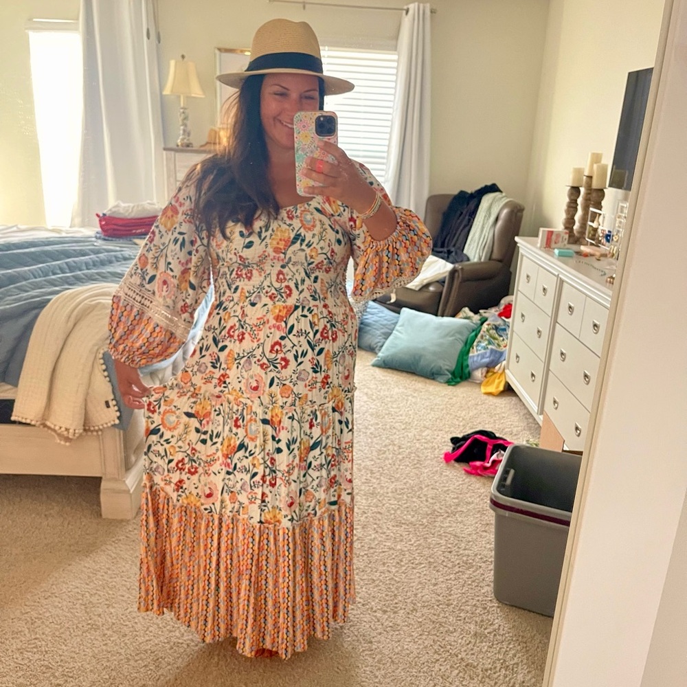 Angie Orange and Brown Tiered Sundress with Bishop Sleeves